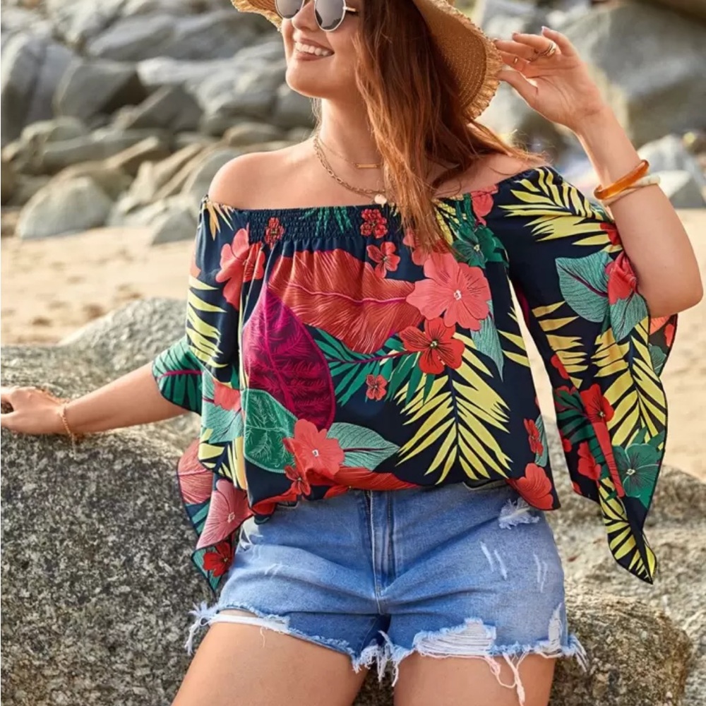 SHEIN Curve Off-Shoulder Tropical Floral Women's Top - Navy 2XL